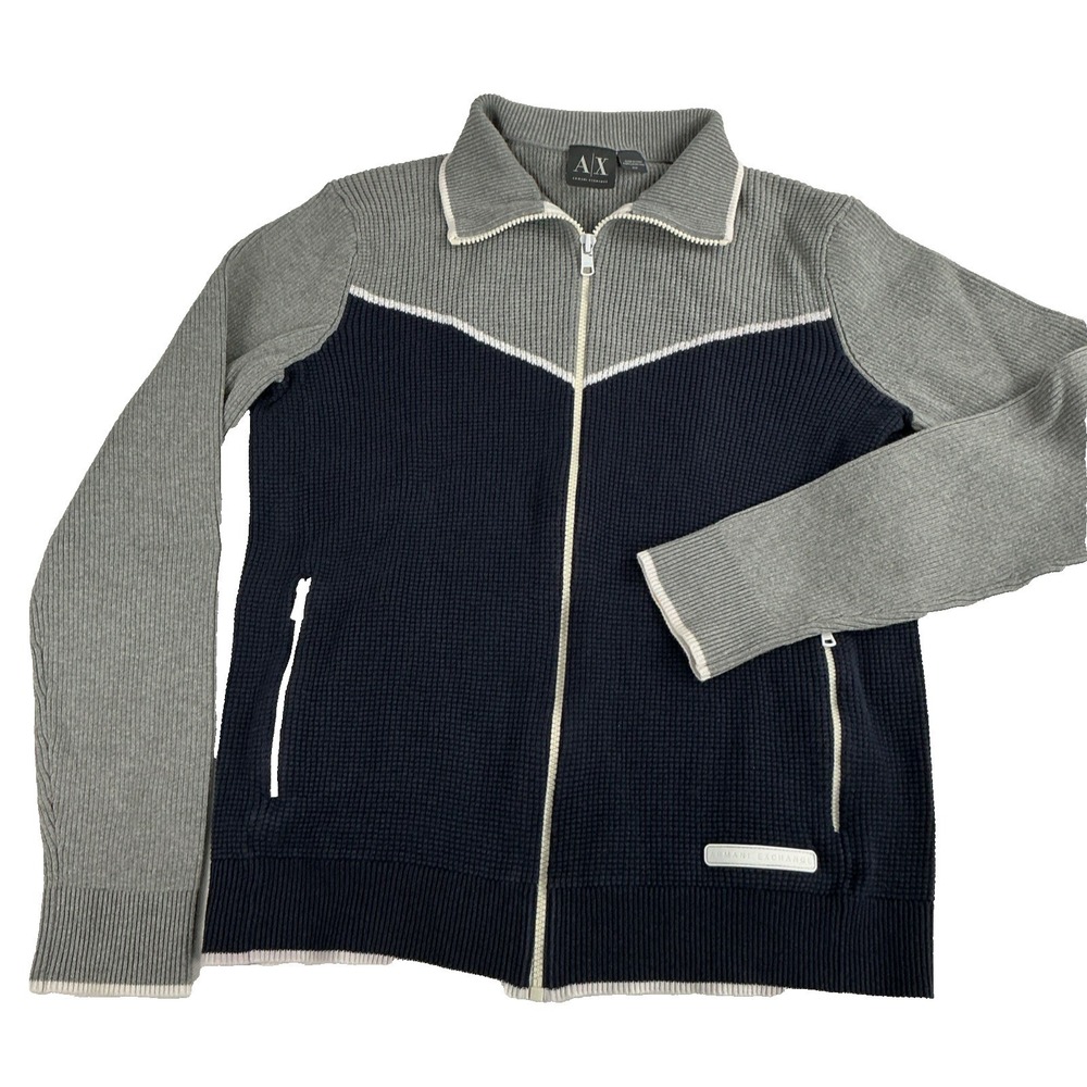 Armani Exchange Full Zip Sweater Men's Sz M Blue Gray Waffle Knit Fall Winter